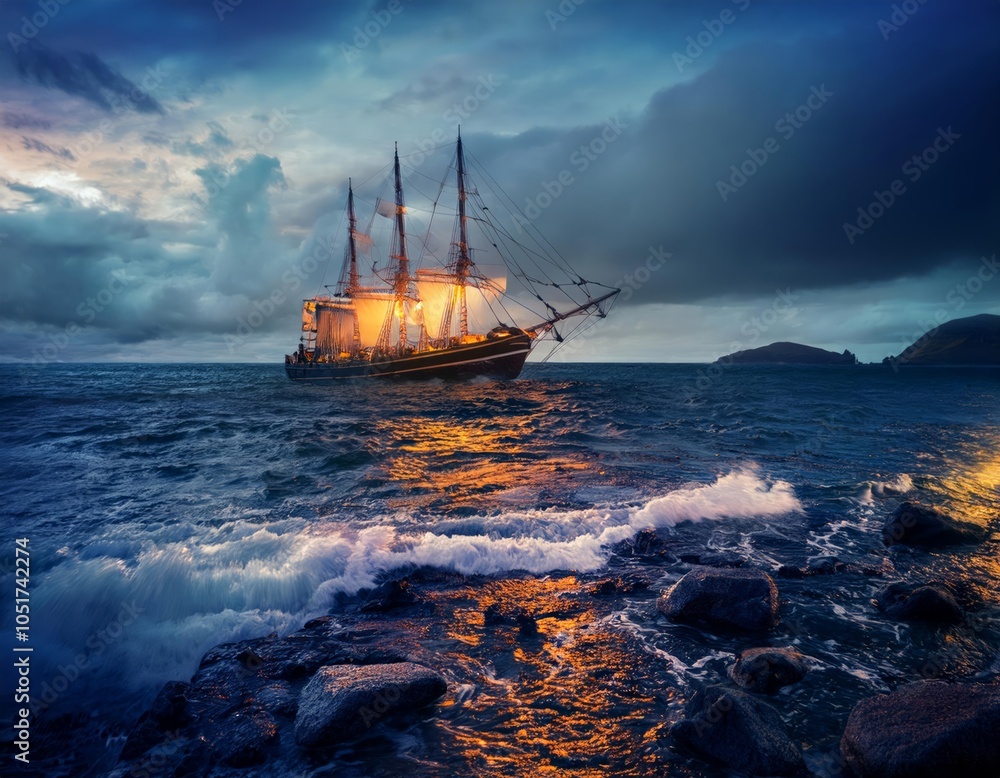 Obraz premium A majestic tall ship with illuminated sails navigates through a stormy sea at dusk, with waves crashing against rocky shores