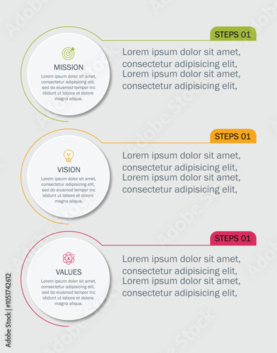 Mission,vision,values,graphic design template.eps 10 on white backgruond, Can be used for presentation workflow layout, banner, process, diagram, flow chart, infographic, annual report.