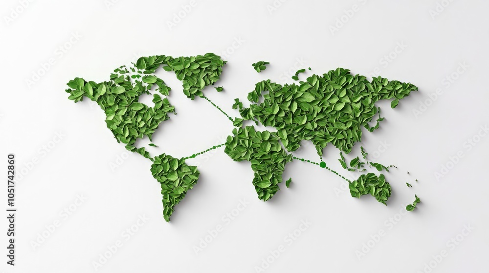 A creative representation of a world map made from green leaves, emphasizing nature and sustainability against a white background. A creative representation of a world map made from green leaves, emphasizing nature and sustainability against a white background.