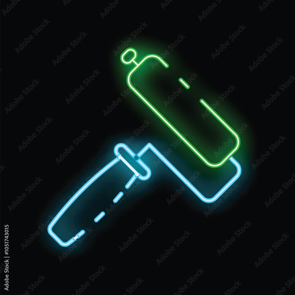 Fototapeta premium Glowing neon line paint roller icon isolated on a black background for your design, logo, application, ui