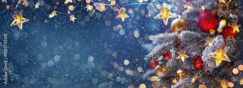 Obraz na płótnie Christmas tree with Christmas balls on the background of the night sky - decorations on fir branches with shiny and unfocused lights and snowflakes on an abstract background w salonie