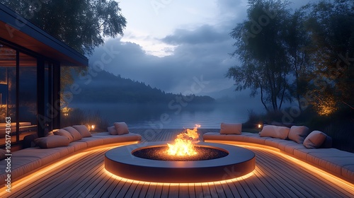 Firepit on a deck, surrounded by circular built-in seating, glowing flames providing warmth, wooden deck illuminated by the firelight, plush cushions enhancing comfort, photo