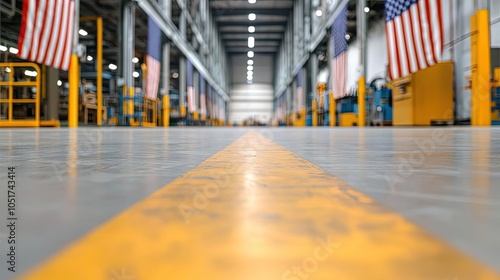 A wide-angle view of an industrial warehouse showcasing clean floors, machinery, and American flags, emphasizing a productive work environment.