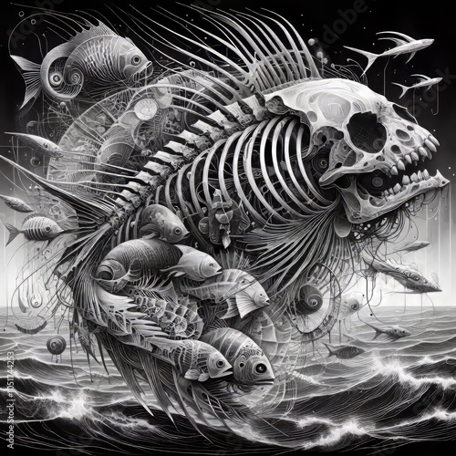 Skeletal Ocean Black and white abstract art piece featuring skel photo