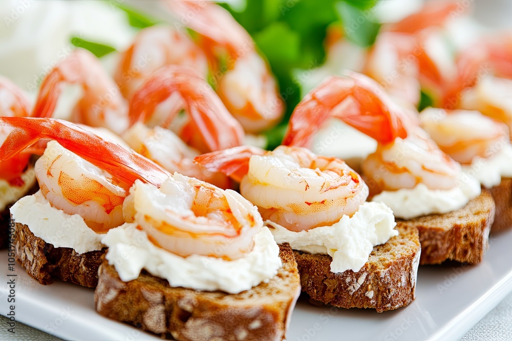 Close-up of shrimp canapes on a white plate. Close-up of shrimp canapes on a white plate.