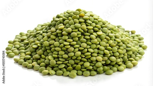 green lentil in wooden bowl isolated on white background. Top view