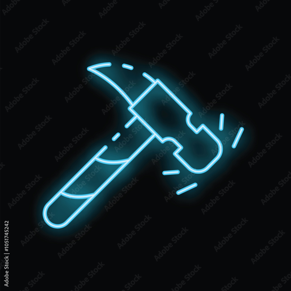 Blue neon sign of a hammer striking, isolated vector illustration on black background