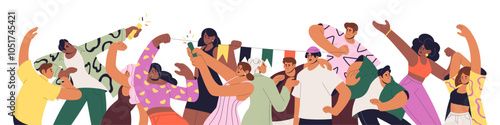 Happy crowd dances at the Birthday party banner. Cheerful people celebrate holiday together. Group of friends moves by music, has fun at festive event. Flat isolated vector illustration on white