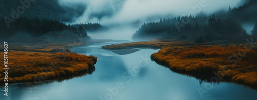 Misty river flows through serene autumn landscape in the early morning light surrounded by mountains and vibrant foliage