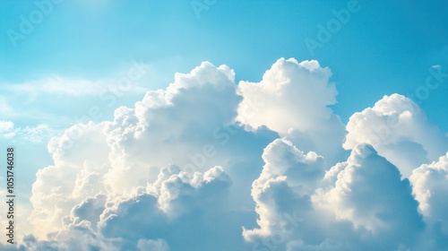 Fluffy white clouds against blue sky, bright sunlight illuminating clouds