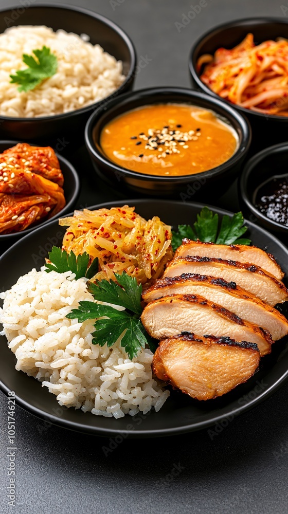 A plate of rice with chicken and side dishes, placed on the table next to black bowls filled with various spices and vegetables, a bowl containing kimchi, a delicious food concept, A plate of rice with chicken and side dishes, placed on the table next to black bowls filled with various spices and vegetables, a bowl containing kimchi, a delicious food concept,