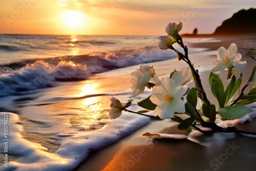 spring awakening waves fresh blooms line the beach as gentle spr photo