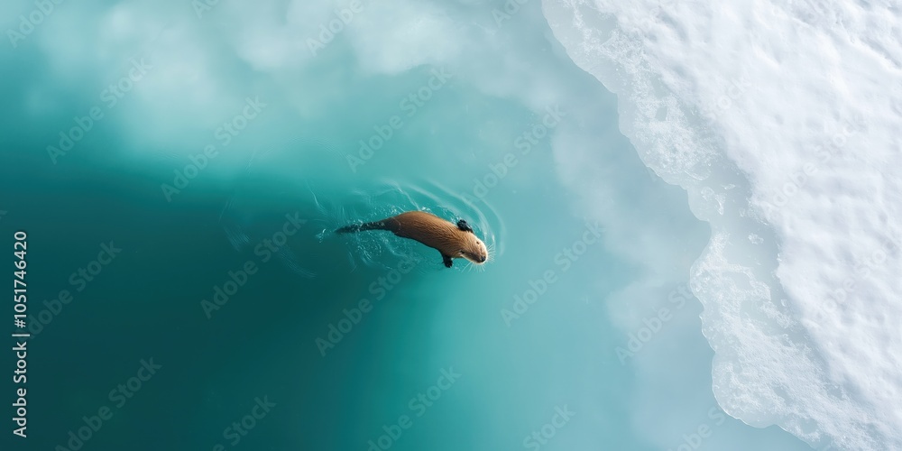 Fototapeta premium A European river otter swimming through icy waters during winter, captured from a birds-eye view