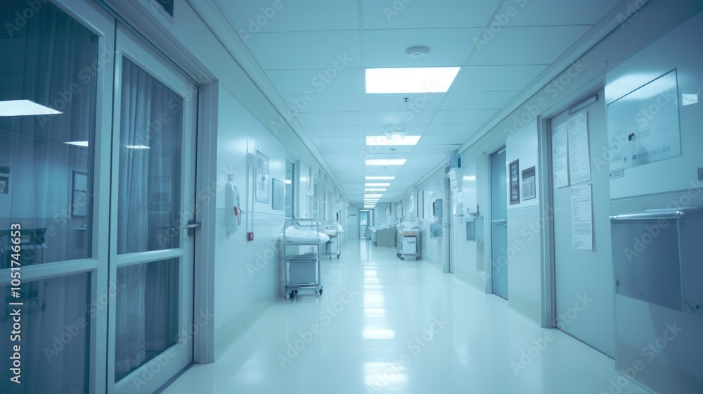 Fototapeta premium A bright and airy clinic hallway with white walls and doors,