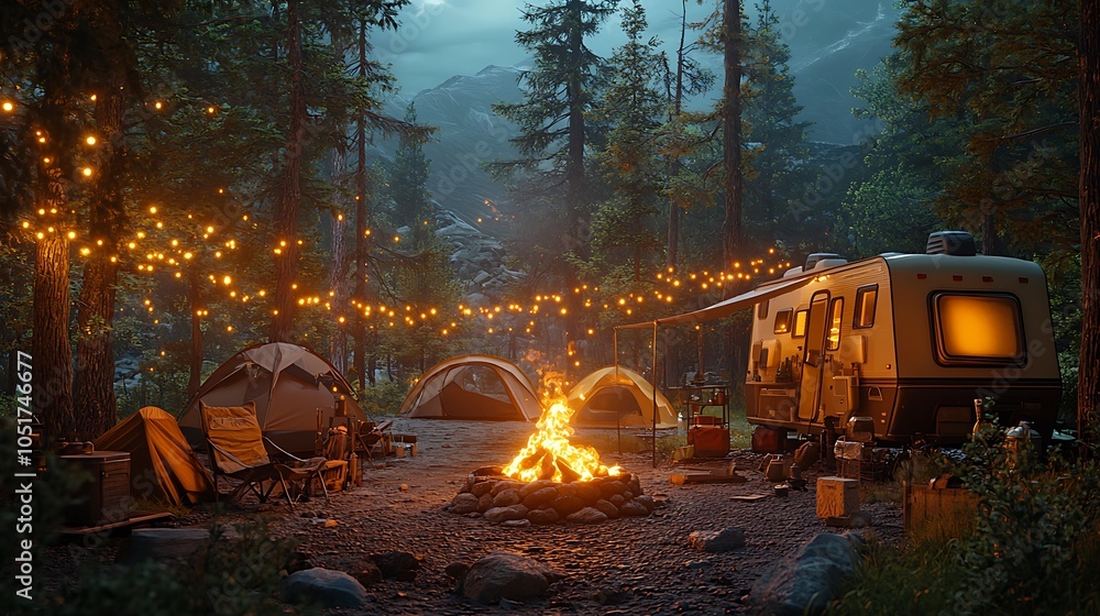 Firepit surrounded by camping gear and tents, with a camper parked nearby, flames dancing in the evening breeze, the warm light illuminating the forest, Firepit surrounded by camping gear and tents, with a camper parked nearby, flames dancing in the evening breeze, the warm light illuminating the forest,