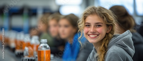 Smiling girl in classroom with students in the background, school life capturing educational experiences, print for National Student Day