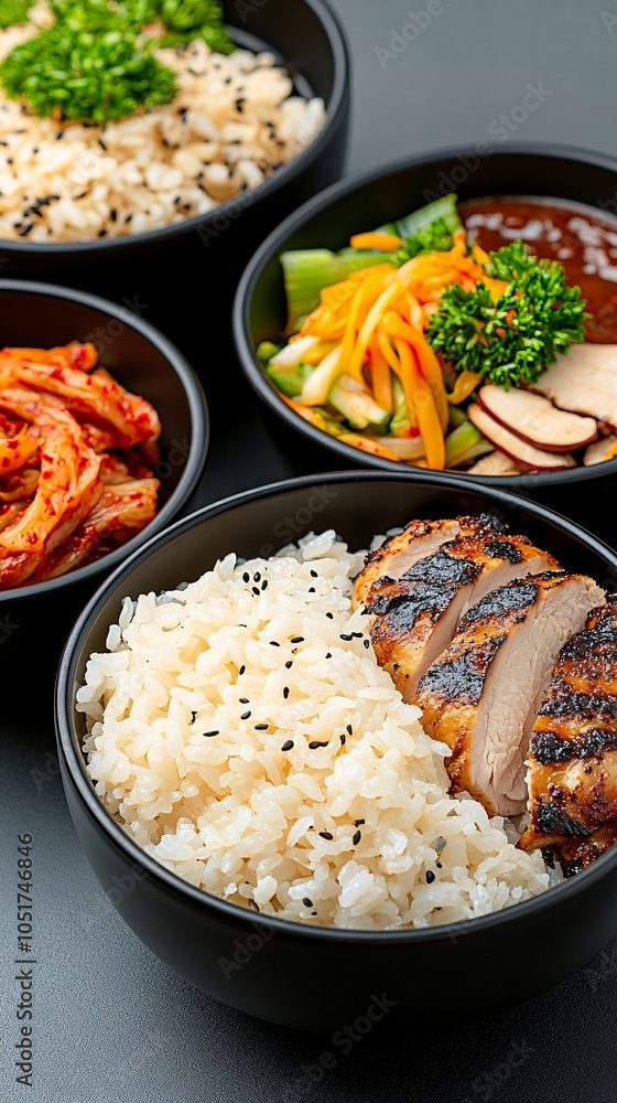 A plate of rice with chicken and side dishes, placed on the table next to black bowls filled with various spices and vegetables, a bowl containing kimchi, a delicious food concept, A plate of rice with chicken and side dishes, placed on the table next to black bowls filled with various spices and vegetables, a bowl containing kimchi, a delicious food concept,