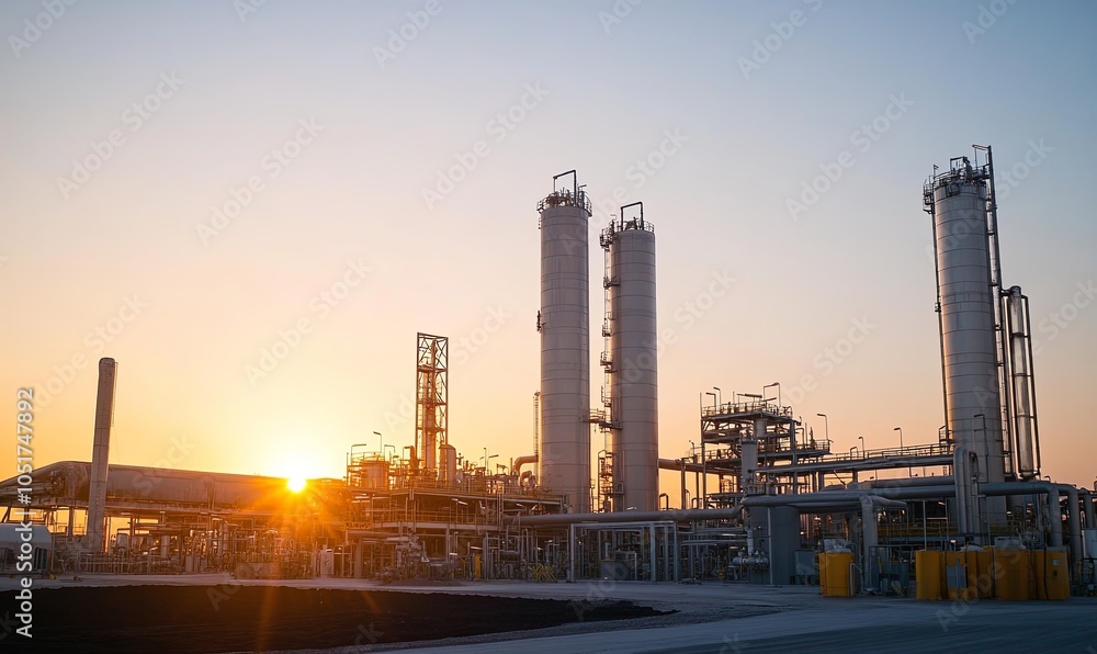 Industrial plant with tall towers at sunset. Industrial plant with tall towers at sunset.