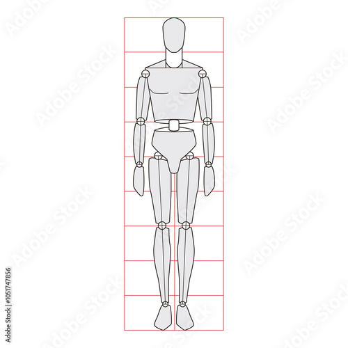 Front view of a proportional mannequin with measurement grid, minimalistic red and gray line art


