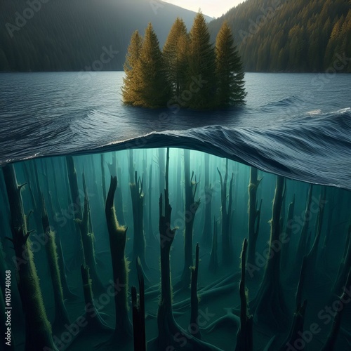 Sunken Forest Waves move above a submerged forest the tops of tr