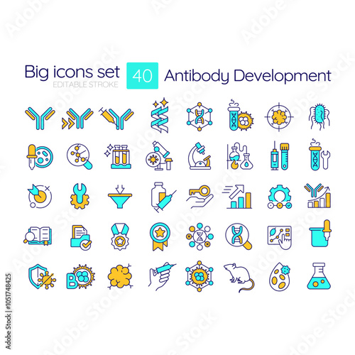Antibody development RGB color icons set. Stages of research, lab equipment and scientific analysis. Isolated vector illustrations. Simple filled line drawings collection. Editable stroke