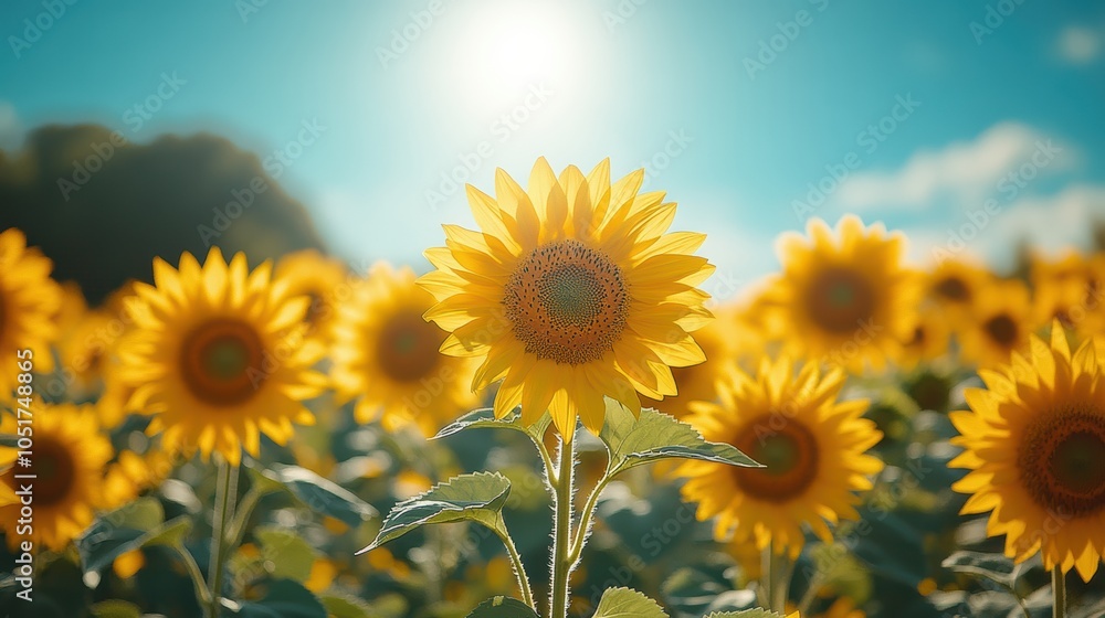 Fototapeta premium Sunflowers Towering Against a Clear Blue Sky, Ant's Perspective Revealing Sturdy Stems and Vibrant Petals Reaching for the Sun