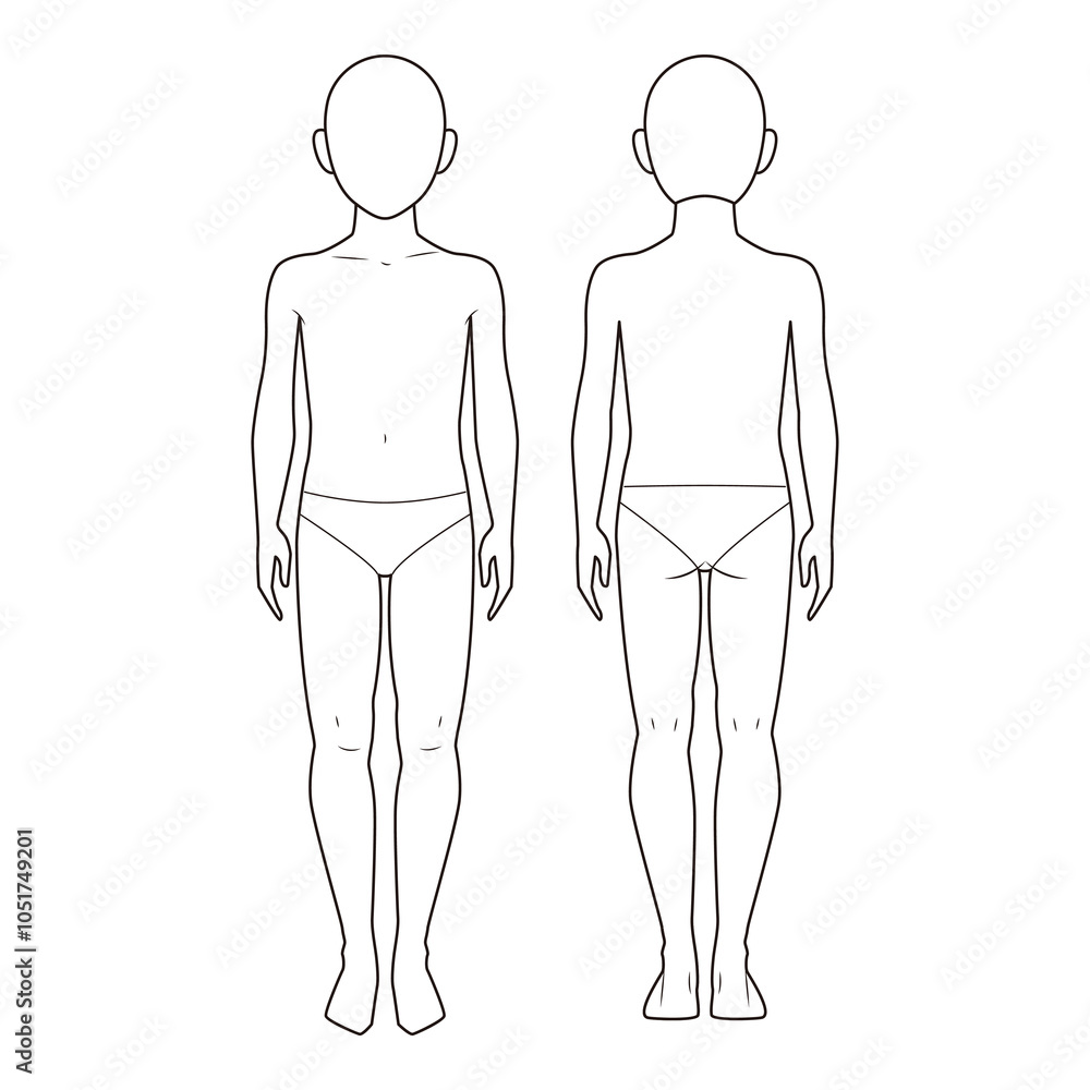 Front and back view technical flat of a child mannequin with red dashed construction lines, illustrated in a minimalist outline style.
Front and back view technical flat of a child mannequin with red dashed construction lines, illustrated in a minimalist outline style.