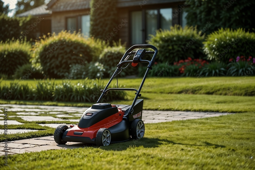 Obraz premium Lawn mower parked on freshly cut grass in landscaped garden