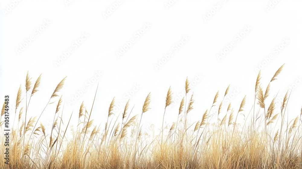 Fototapeta premium Golden grass field against white background, tall grasses swaying gently