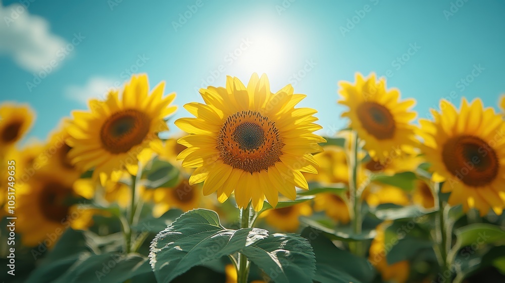 Fototapeta premium Vibrant sunflowers towering against a bright blue sky, showcasing nature's grandeur from an ant's perspective, emphasizing height and beauty