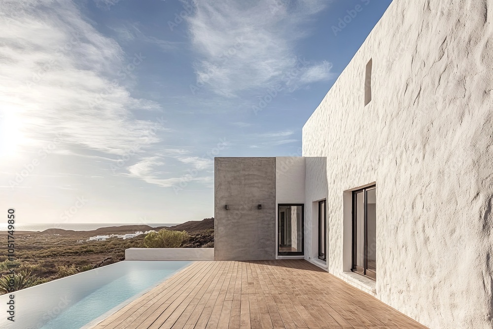 Modern white villa with infinity pool and wooden deck overlooking the sea. Modern white villa with infinity pool and wooden deck overlooking the sea.
