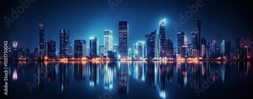 The skyline of a vibrant city illuminated at night reflecting on calm water, showcasing modern architecture and bright lights