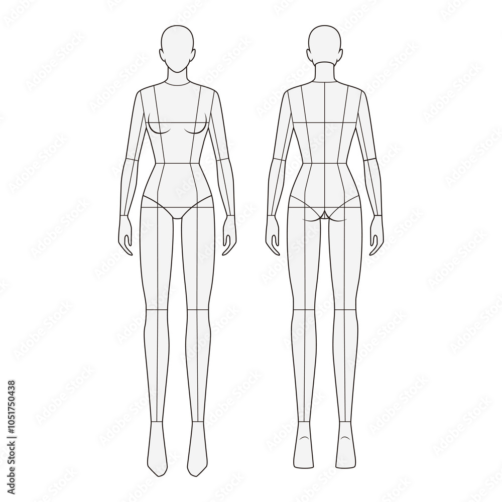 Front and back view of female mannequin with segmented body parts, ideal for technical garment design and body proportion reference.
Front and back view of female mannequin with segmented body parts, ideal for technical garment design and body proportion reference.