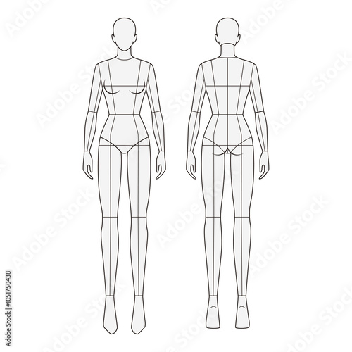 Front and back view of female mannequin with segmented body parts, ideal for technical garment design and body proportion reference.
