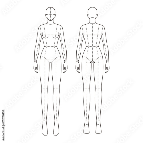 Female mannequin template with dotted lines indicating body proportions and segments, suitable for technical fashion design.

