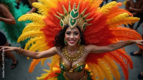 Feathers and Rhythm: A Top-View Celebration of Brazilian Samba Queen in Full Carnival Splendor, Embodying Sensuality and Passion