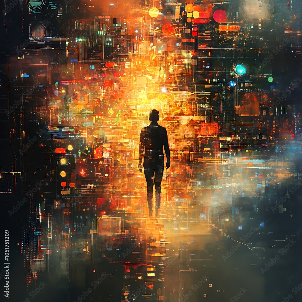 Futuristic Silhouette Among Vibrant Digital Lights and Patterns Futuristic Silhouette Among Vibrant Digital Lights and Patterns