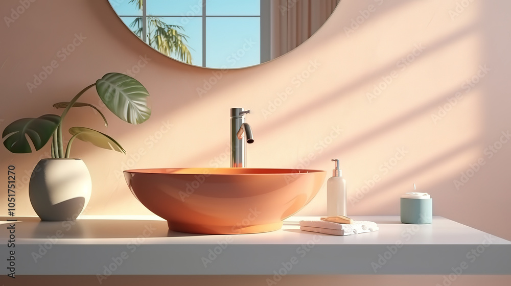 Fototapeta premium Wonderful 3D styled art illustration an empty white vanity counter with ceramic washbasin