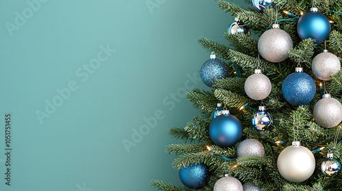 A beautifully decorated Christmas tree adorned with blue and silver ornaments against a soft teal background, creating a festive atmosphere. photo