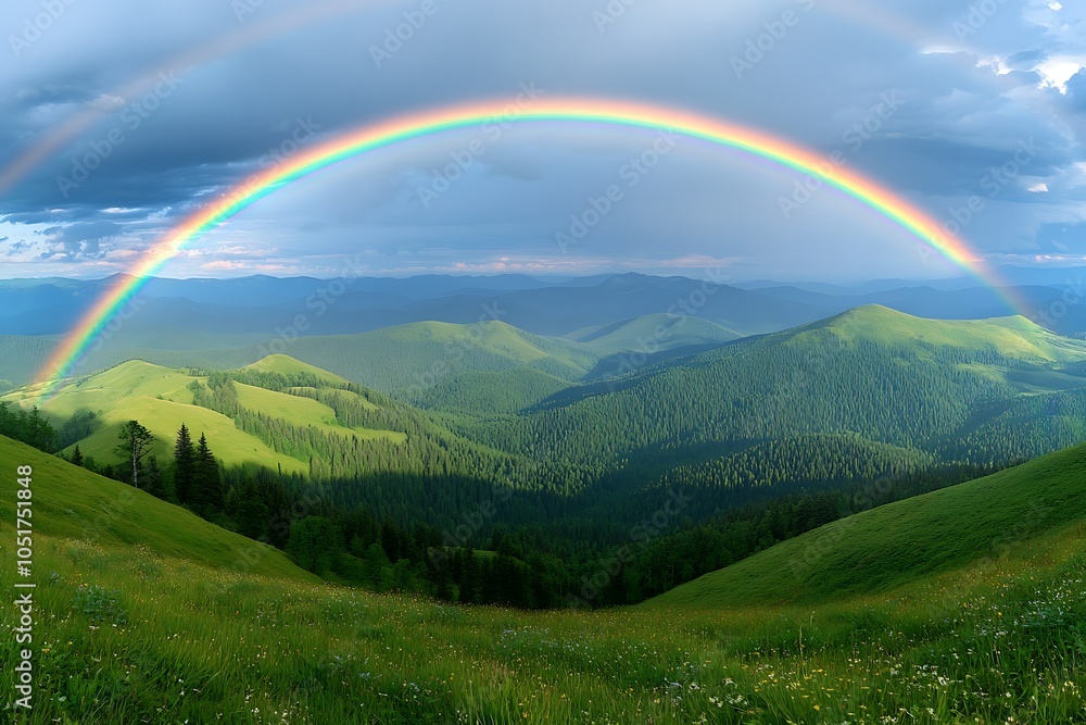 Obraz premium Scenic landscape featuring a vibrant rainbow over hills.