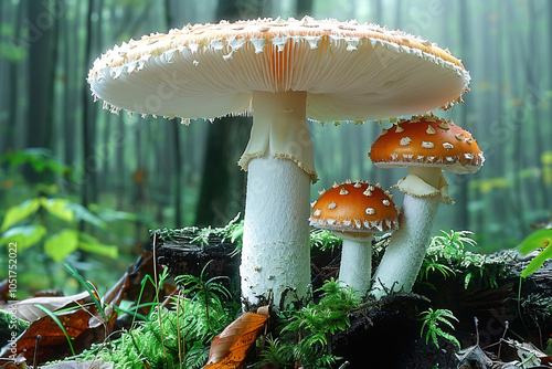 Amanita bisporigera mushrooms growing in a lush misty forest during early morning light photo