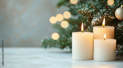 A serene holiday scene featuring three lit candles beside a lush evergreen tree adorned with festive decorations, creating a warm and inviting atmosphere. photo