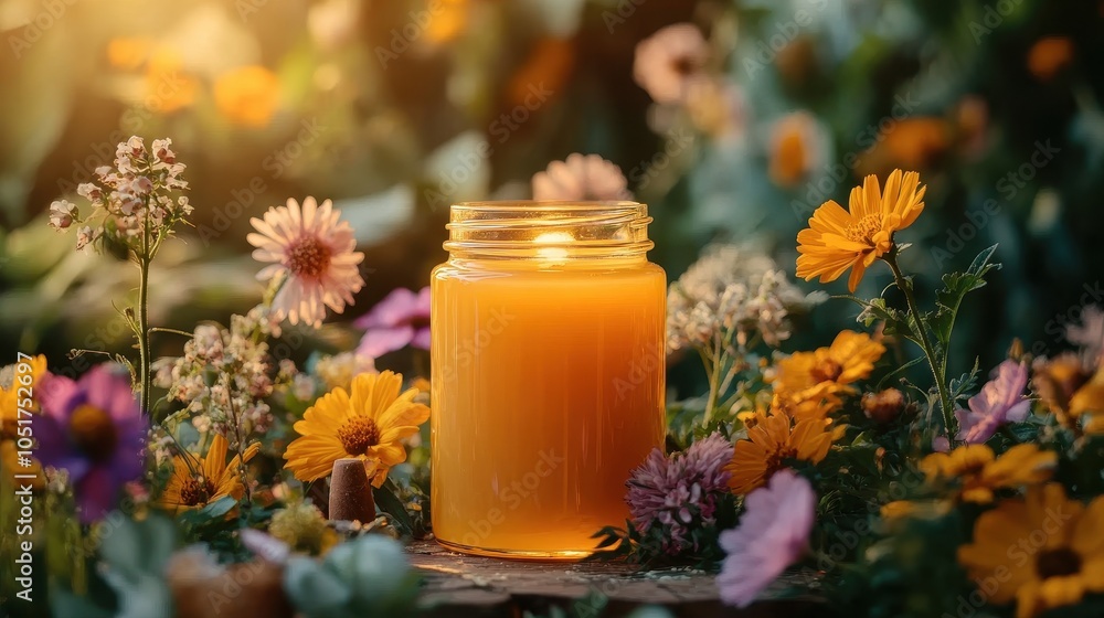 A jar of honey surrounded by fresh flowers and beeswax candles, creating a cozy atmosphere. A jar of honey surrounded by fresh flowers and beeswax candles, creating a cozy atmosphere.