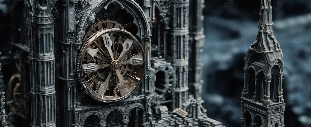 Naklejka premium Intricate steampunk clock tower with detailed gears and architecture set against a dark background
