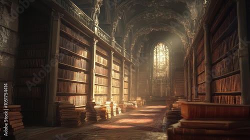 Wallpaper Mural A quiet library filled with dusty books, featuring shelves lined with volumes on ancient civilizations and their achievements. Torontodigital.ca