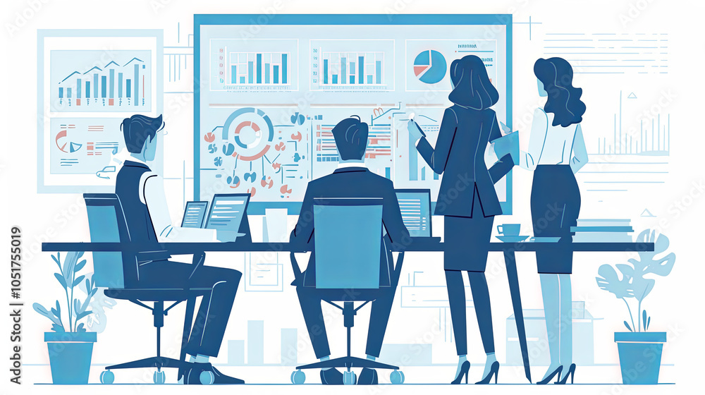 Colleagues collaborate in an office meeting, discussing charts and graphs presented on a screen, symbolizing teamwork. Colleagues collaborate in an office meeting, discussing charts and graphs presented on a screen, symbolizing teamwork.