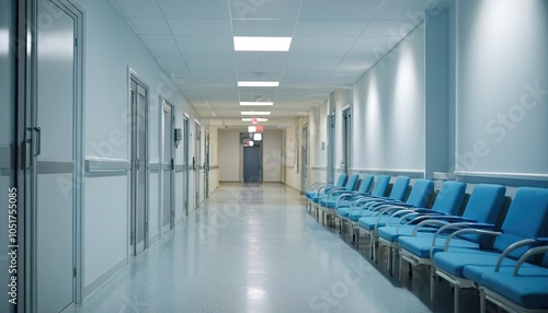 Long hospital bright corridor with rooms and seats nice 3D rendering 45 