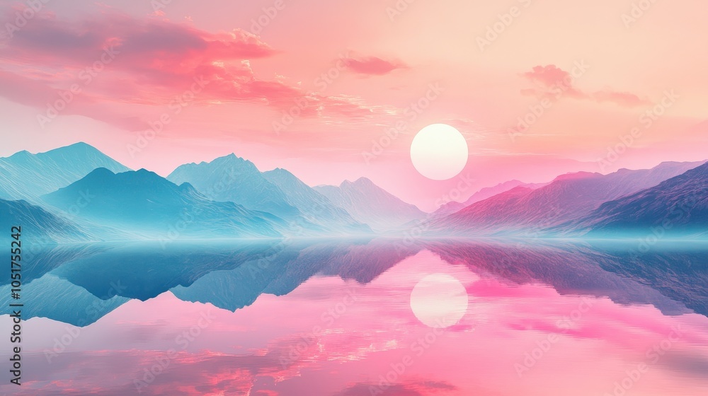 Fototapeta premium A serene landscape created with holographic elements, where mountains and skies shimmer with shifting colors.