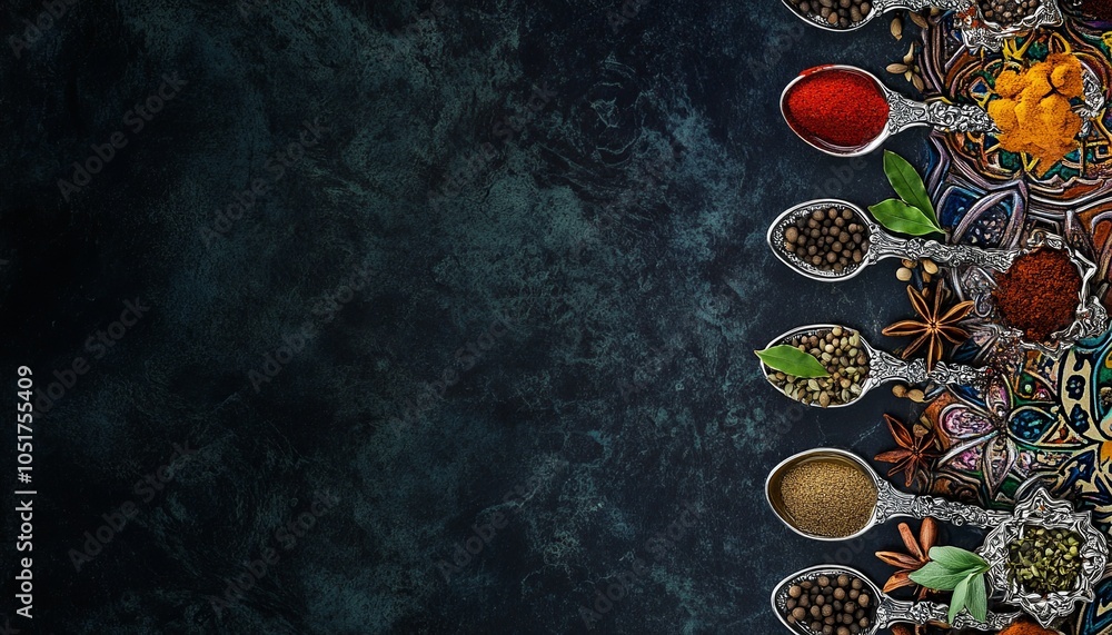 Various spices in spoons on a dark blue background with copy space. Various spices in spoons on a dark blue background with copy space.