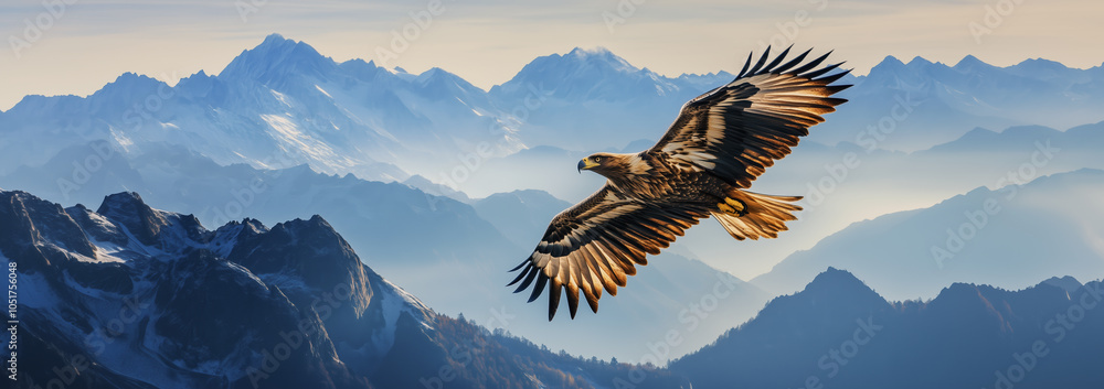 Fototapeta premium A majestic eagle soars above the stunning mountains at sunrise, showcasing its powerful wings and grace in nature